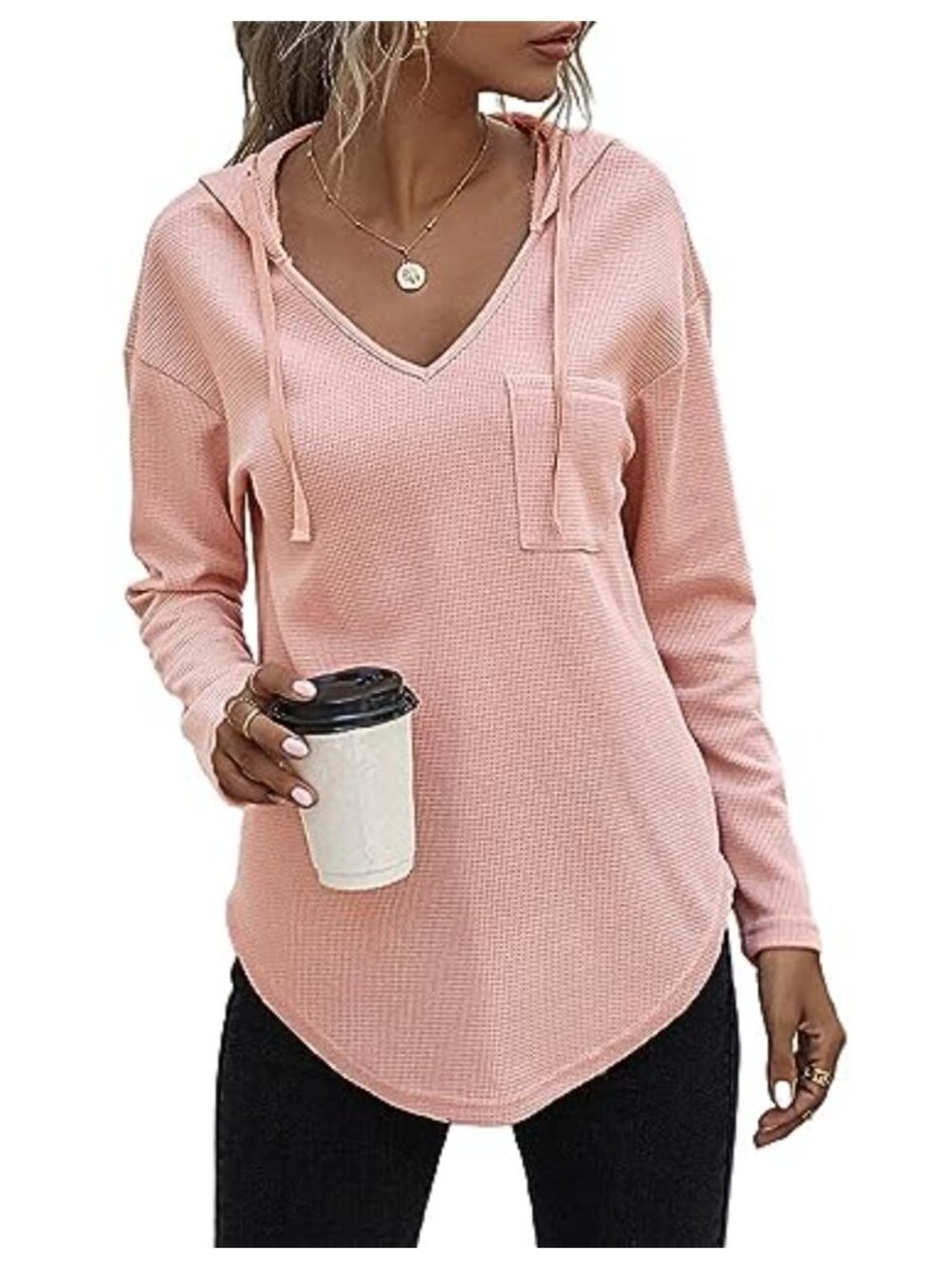 Waffle Knit Hooded Tunic Sweatshirt Drawstring V-Neck Long Sleeve Loose Fit